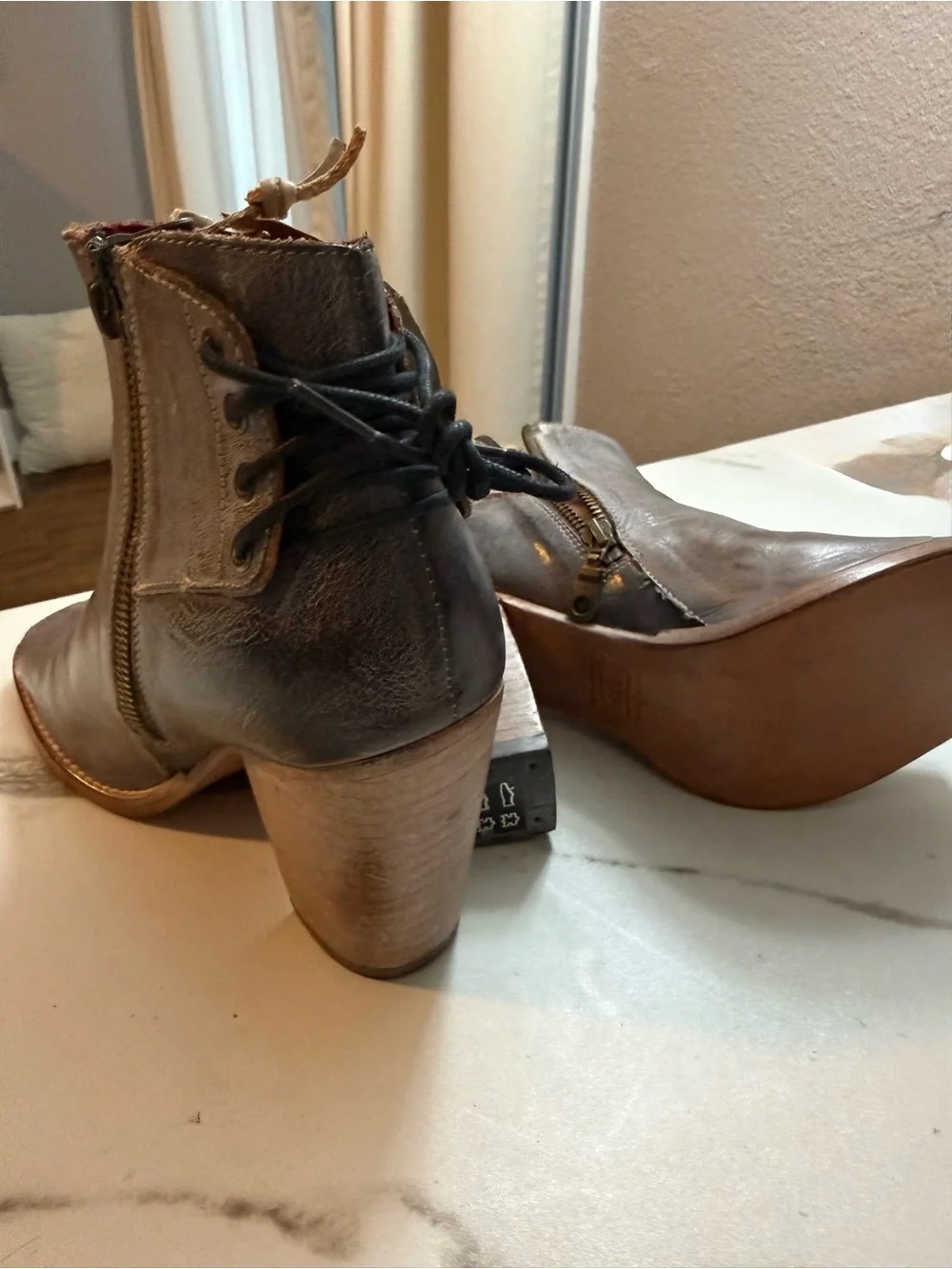 BED|STU Taupe Open-Toe Leather Ankle Booties with Wooden Block Heel